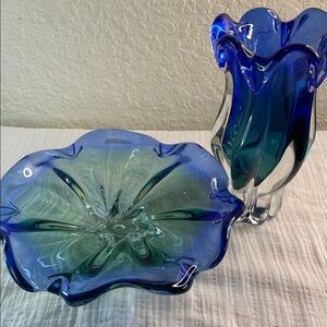 Elegant Blue and Green Glass Vase and Bowl Set